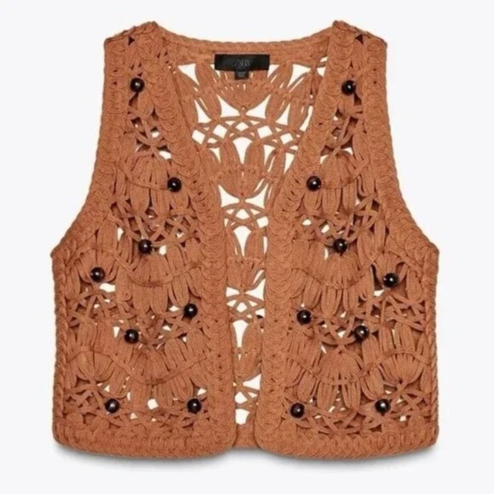 [🌟 PRICE FIRM] 🌞 ZARA Beaded Knit Vest Macrame Terracotta Rust Crochet L